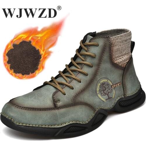 Vintage Men Boots Winter Plush Western Ankle Boots Men Warm Fur Snow Boots Casual Shoes Leather Sneakers Cowboy Botas Size 38-46