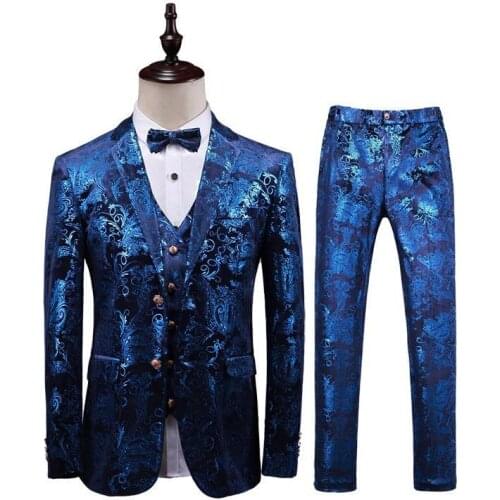 Brand Fashion Printing Groom Wedding Dress Suit Banquet Stage Performance Suit Mens Casual Suit (Jacket + Vest + Pants)M-5XL