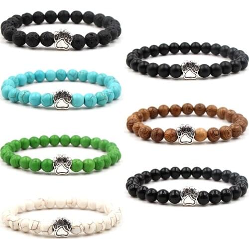 8mm Colourful Natural Stone Beads Bracelets Dog Cat Footprint Paw Charms Bracelet Pet Lover Strench Jewelry Valentines Day Gift