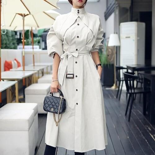 Elegant Stand Collar Womens Trench Coat Plus size Females Clothes Coat 2021 Autumn Office Lady Bat Sleeved Slim Long Coats