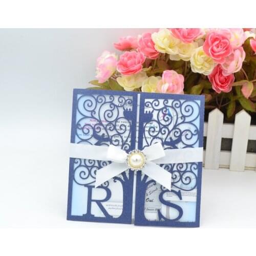 Customized Initials style Laser Cut navy bule invitations Card For Wedding