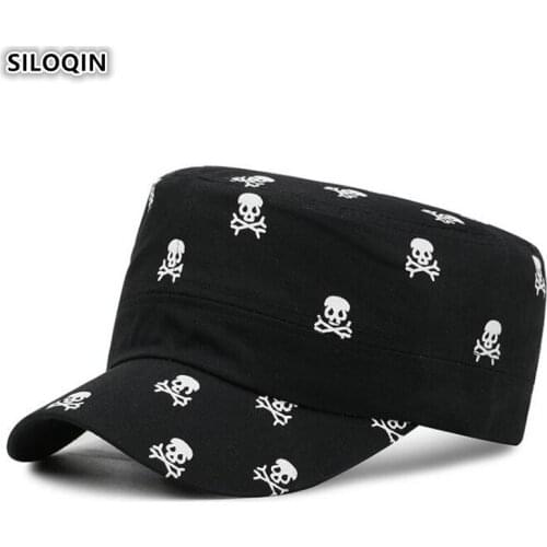 SILOQIN Adjustable Size Mens Flat Caps 100% Cotton Army Military Hats 2020 New Personality Skull Pattern Hip-hop Hat Brands Cap