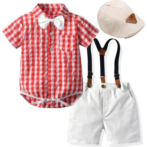 Boy Baby Chlidren Clothing Summer Cotton Cap +Bow Romper + Shorts with Belt 4 Pieces Party Birthday Kid Gentleman Costume