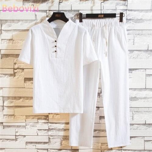 Plus Size M-5XL Black White Summer Cotton Linen Hanfu Sets Kung Fu Chinese Style Suit Men Traditional Tang Tops + Pants Clothes