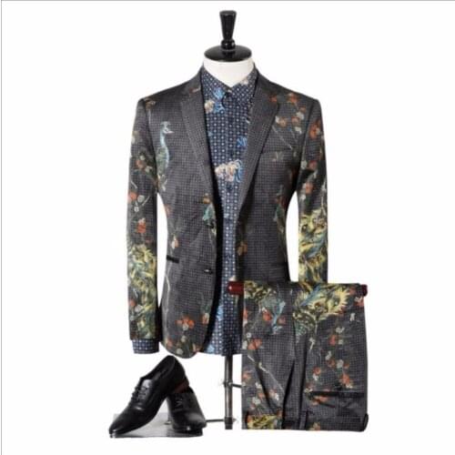 M-3xl Men 2020 New Fashion Classic Mens Suits Groom Wedding Dress Fashion Peacock 3d Printed Prom Suits Singer Stage Costumes