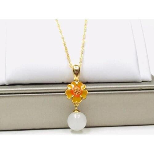 Fashionable Pure Silver Flower Necklace S925 with Hetian Jade Pendant Is Designed for Women To Create Jewelry Gifts