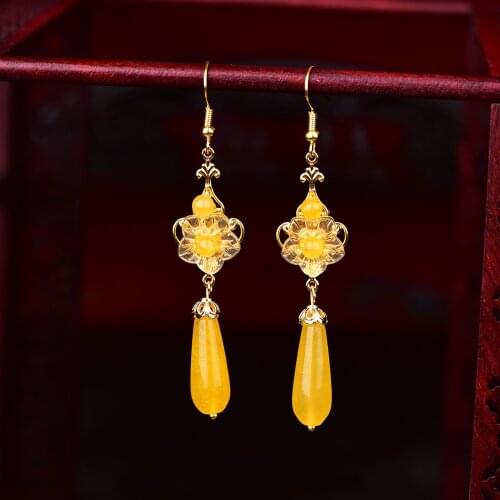Fashion Trend Ethnic Style Earrings All-matching China Chic Retro Classical Eardrop Ornaments Water Drop Yellow Crystal Earrings
