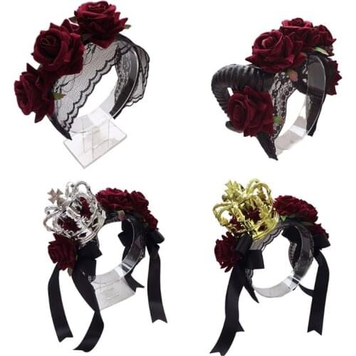 Halloween Crown Hair Hoop Ribbon Bow Sheep Horn Headband Gothic Rose Flower Lace Headbands Cosplay Hair Accessories