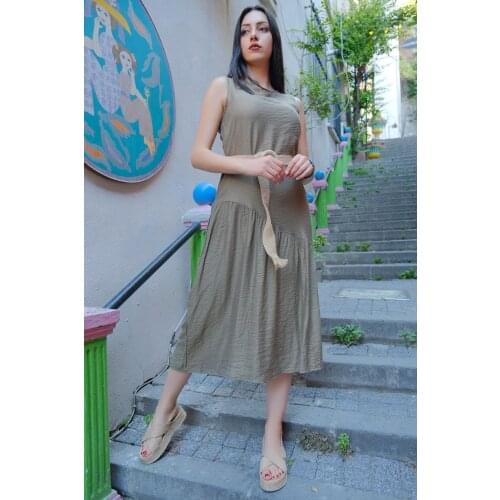 Sleeveless Slit Dress Khaki-20262.1234