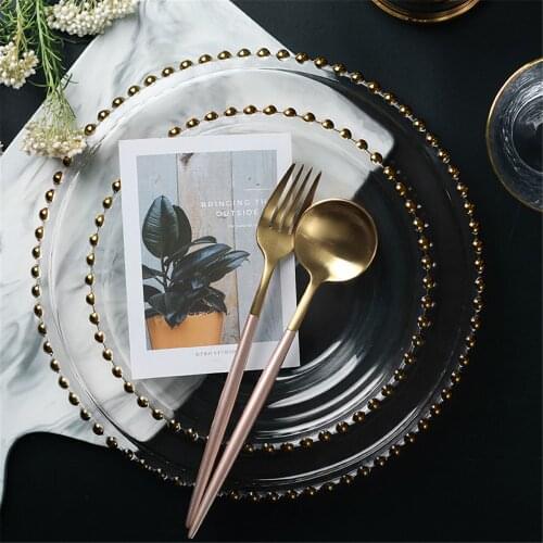 Luxury Gold Bead Glass Charger Steak Plate Beaded Phnom Penh Fruit Cake Western Dish Dessert Tray Wedding Plate Dinner Tableware