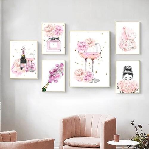 Pink Fashion Champagne Flower Watercolor Painting Canvas Prints Girls Perfume Floral Wall Pictures Nordic Posters Bedroom Decor