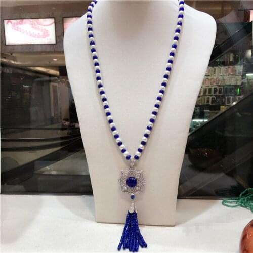 Hand knotted natural white freshwater pearl Blue stone long sweater chain zircon accessories necklace fashion jewelry
