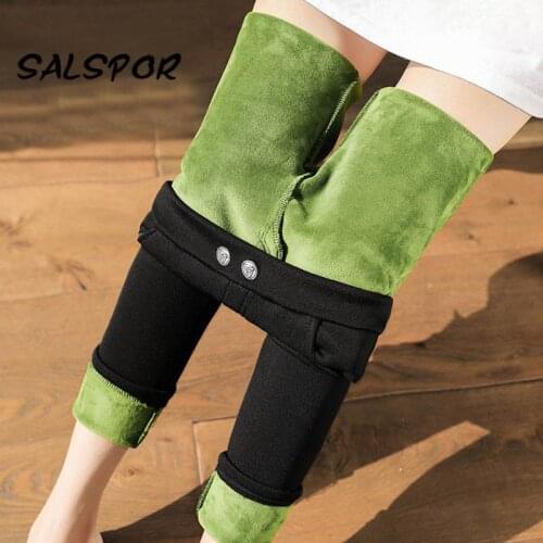 SALSPOR 5XL Winter Thick Women Plus Size Leggings Warm High Waist Button Casual Legging Velvet Slimming Elastic Pencil Pants