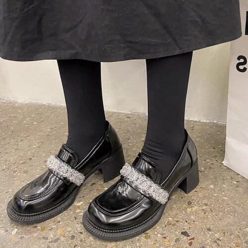 Rimocy 2021 Luxury Rhinestones Mary Janes Shoes Woman Sweet Round Toe High Heels Pumps Women Patent Leather Lolita Shoes Female