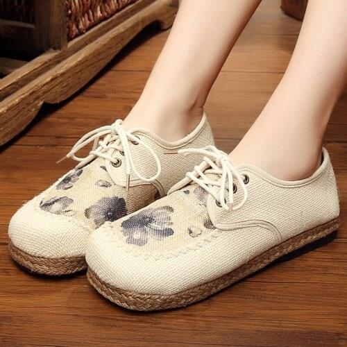 2020 Cotton Linen Lace up cloth shoes autumn air permeability and comfort womens cloth shoes Garden Style Floral linen shoes
