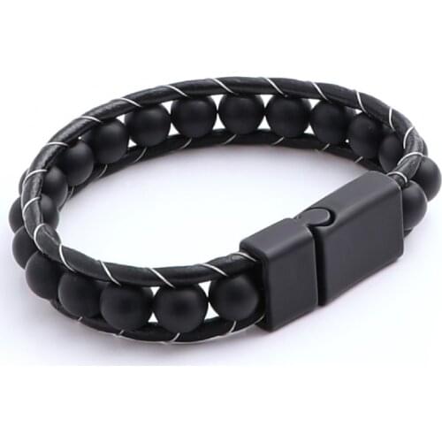 Unisex Hanmade Matte Onyx Stone Braided Quality Leather Bracelet for Women and Men