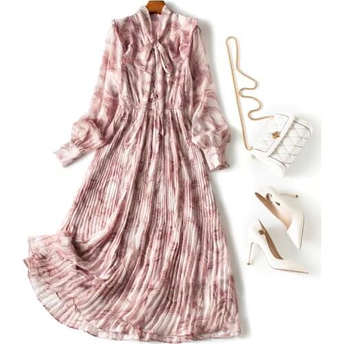 Vintage Elegant Chiffon Dress Women Clothes Spring Long Sleeve Floral Maxi Dress 2020 Ladies Dresses Korean Pleated Dress 13590
