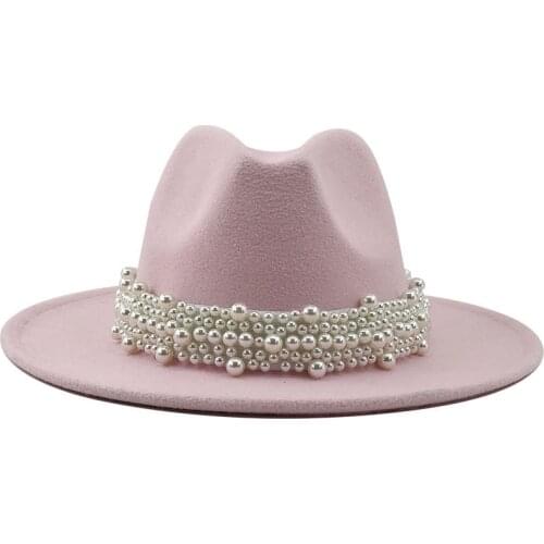 Wool Jazz Fedora Hats Casual Men Women Leather Pearl ribbon Felt Hat white red pink Panama Trilby Formal Party Cap 56-58CM