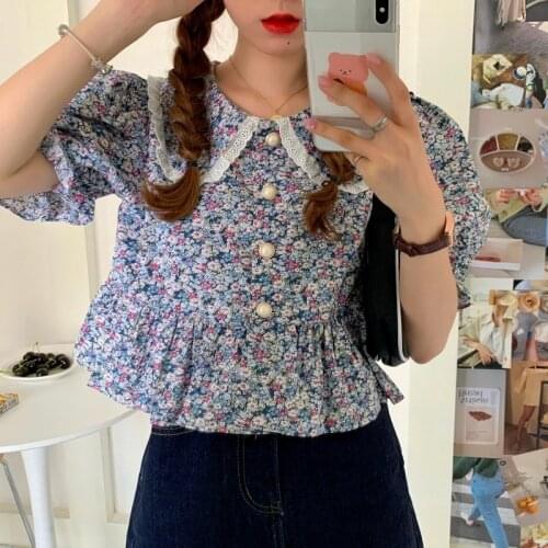 Vintage Y2k Aesthetic Short Sleeve Tshirts Korean Fashion Cottagecore Lace Hem High Waist Floral Tops Summer Clothes for Women