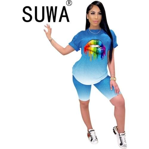 Women lip print matching suit summer o neck tops and shorts set casual sexy street wear women outfits