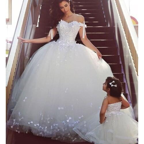 Princess Ball gown Wedding Dresses White Sheer Tulle 2017 Vestidos de Novia off Shoulder Floor Length Customized White Bow Brida