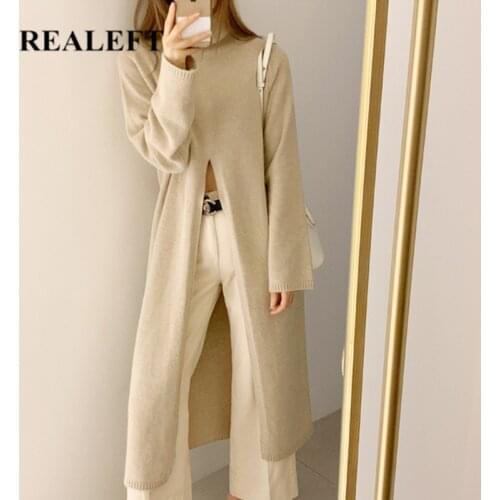 REALEFT Elegant Front Split Sweater Dresses Autumn Winter Long Sleeve Turtleneck Street Female Knitting Long Dress Korean Style