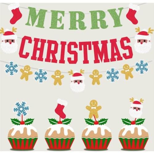 2PCS 9.84ft Fashion Christmas Banner Set Cartoon Glitter Hanging Banner Party Banner Photography Props Festival Supplies