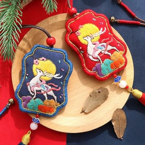 2020 DIY Embroidery kit with Hoop, Amulet Necklace, Feng Shui Car Pendant Deer, Cross Stitch Needlework Sewing Art, Friend GIft