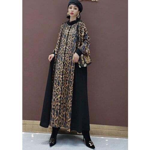 2021Spring Autumn Women Trench Coat Dress Korean Plate Button Leopard Print Dress Female Loose elegant Vintage Dresses Plus Size