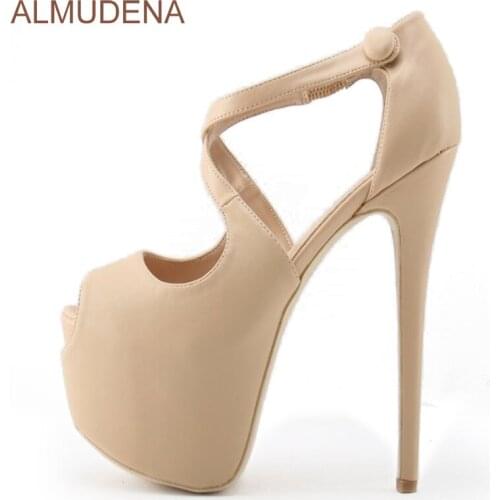 ALMUDENA Classic Stylish Nude Black Ultra High Heel Shoes Platform Banquet Shoes Cross Strap 16cm Stiletto Heel Studded Pumps