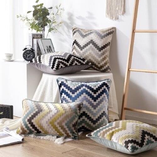 Velvet Cushion Cover Soft Pillow Cover Zigzag Grey Coffee Blue Durable Thick Home Decorative for Sofa Bed 50x50cm