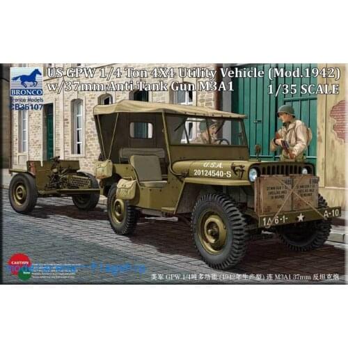 BRONCO CB35107 1/35 US GPW 1/4 Ton 4x4 Utility Vehicle w/37mm Anti-Tank Gun M3A1