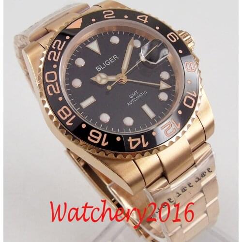 BLIGER Design Brand Luxury Watch Automatic Black Watch GMT Stainless Rose Gold Sapphire Ceramic Bezel Mechanical Mens Watch