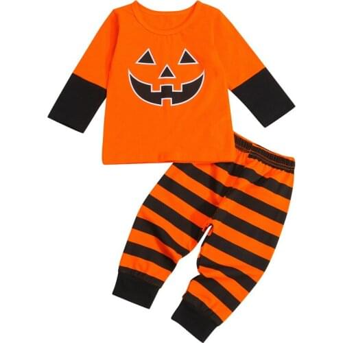 1-5 Years Toddler Halloween Outfits Smile Pumpkin Print Long Sleeve Tops + Striped Pants Set Infant Boys Girls Halloween Suits