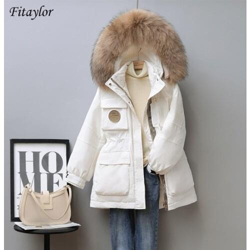 Fitaylor Winter New Large Natural Fur Hooded Jacket Women 90% White Duck Down Thick Coat High Waist Loose Windbreak Warm Outwear