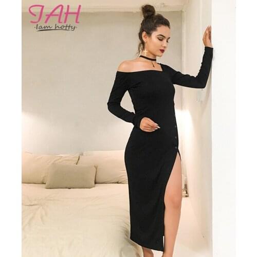 IAMHOTTY One Shoulder High Side-Split Sexy Women Dresses Loose Long Sleeve Black Basic Dress Elegant Evening Party Long Sundress