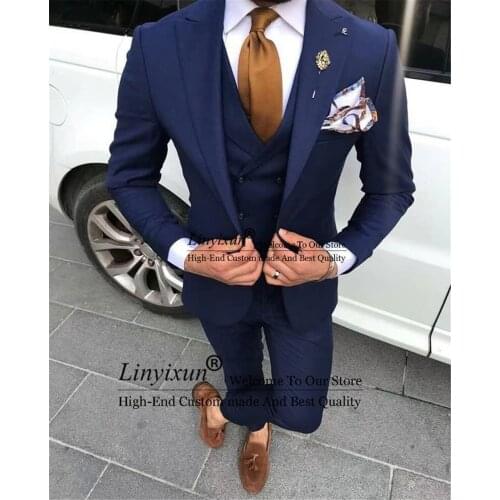 Tailor Made Navy Blue Slim Fit Suits Double Breasted Vest Groom Suits Italian Handsome Wedding Tuxedos Jacket+Pants+Ves