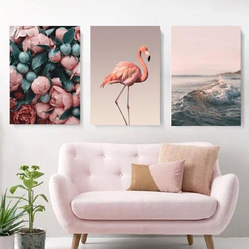 Pink flamingo flower and sea girl room decoration painting and Nordic living room print romantic picture