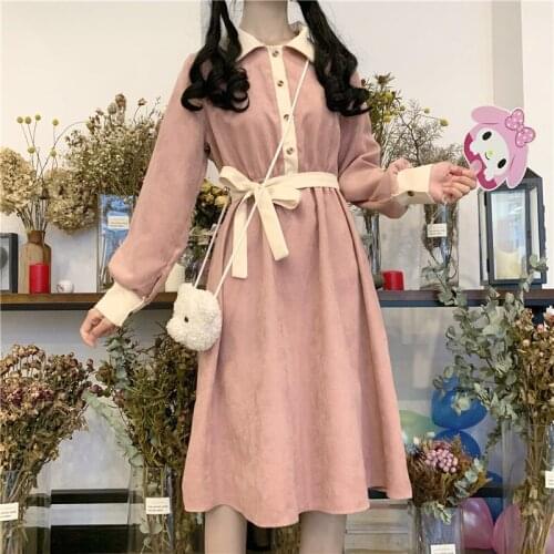 Autumn Winter Women Dress Sweet Lace-up Preppy style Cute student Pink dress Female bing vestido de mujer 2020 HOT