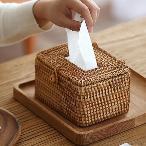JINSERTA Antique Rattan Storage Tray Dessert Fruit Cake Snack Plate Handmade Sundries Decor Tray Desktop Tissue Box