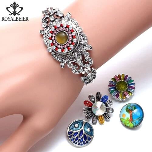 RoyalBeier 1PC Silver Color Metal Rhinestone Cuff Bracelet &Bangles Fit 18mm Snap Buttons DIY Magnetic Copper Men Bracelet