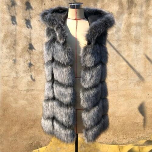 Savabien Furry Hooded Coat Women Silver Fox Faux Fur Vest Gilet Sleeveless Fluffy Fake Fur Jacket Long Fur Vest Festival Coats