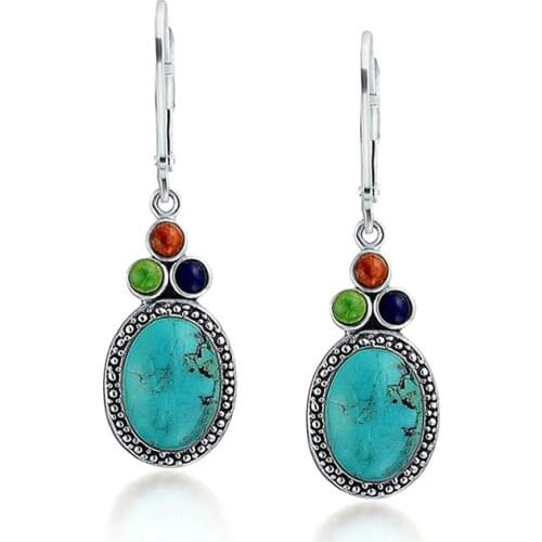 Bohemian Turquoises Blue Stone Dangle Earrings Natural Jewelry Silver Color Multicolor Beads Vintage Earrings for Women