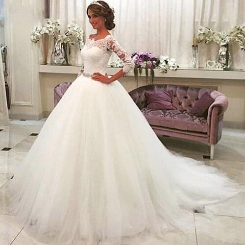 Modest Lace Top Ball Gown Wedding Dresses 2020 Soft Tulle Bridal Gowns Crystal Waist Women Wedding Wear Custom Online