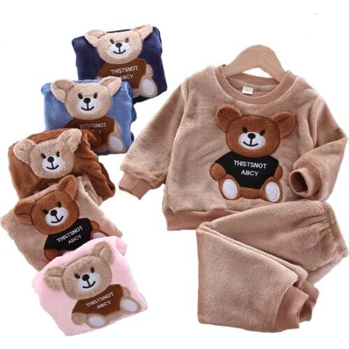 Warm Velvet Boys Clothing Set Spring Autumn Cartoon Bear Suit For Boy Full Sleeve Shirt+Pants 2pcs Outfits Toddler Kids Clothes