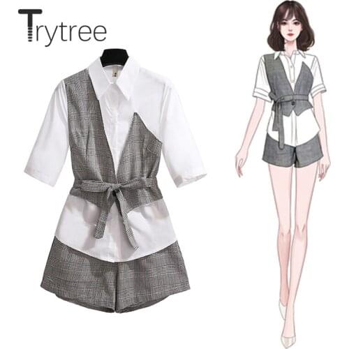 Trytree 2020 Summer Women two piece set Casual Turn-down Collar Patchwork Plaid Tops + Short Button Pockets Fashion 2 piece set