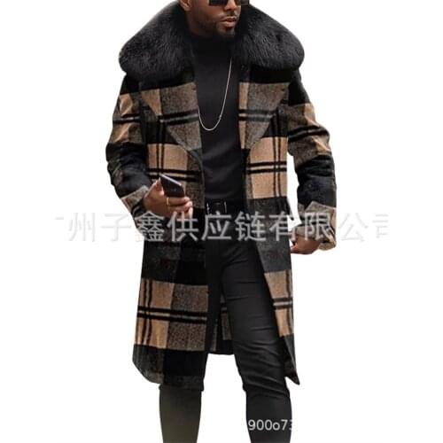 Check Fur Woolen Coat Trench Windbreaker Mens 2021 Fur Jacket Mens Slim Fit Windbreak Long Coat Men Winter Coat Homme Plus Size