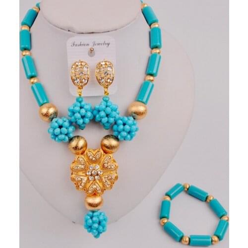 In Fashion Aqua Blue African Jewelry Set Nigerian Beads Costume Necklace Sets ZJQ7-9