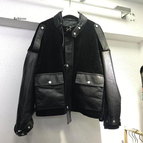 Corduroy Stitching Leather Jacket Womens Autumn and Winter new Korean style loose short Motorcycle LeatherJacket Trend