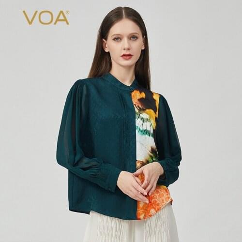 VOA Autumn New Silk Jacquard Peacock Green Stand Collar Single Button Pullover Shirt Sleeve Fold Printed T-shirt Female BE752